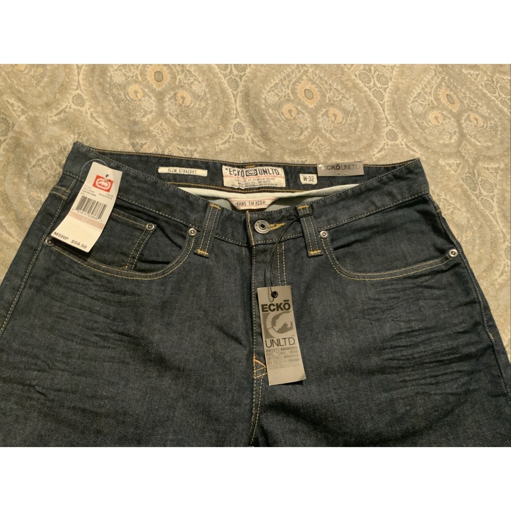 Ecko UNLTD Denim Jeans Mens 32 Slim Straight Dark Wash Blue New - Picture 3 of 5